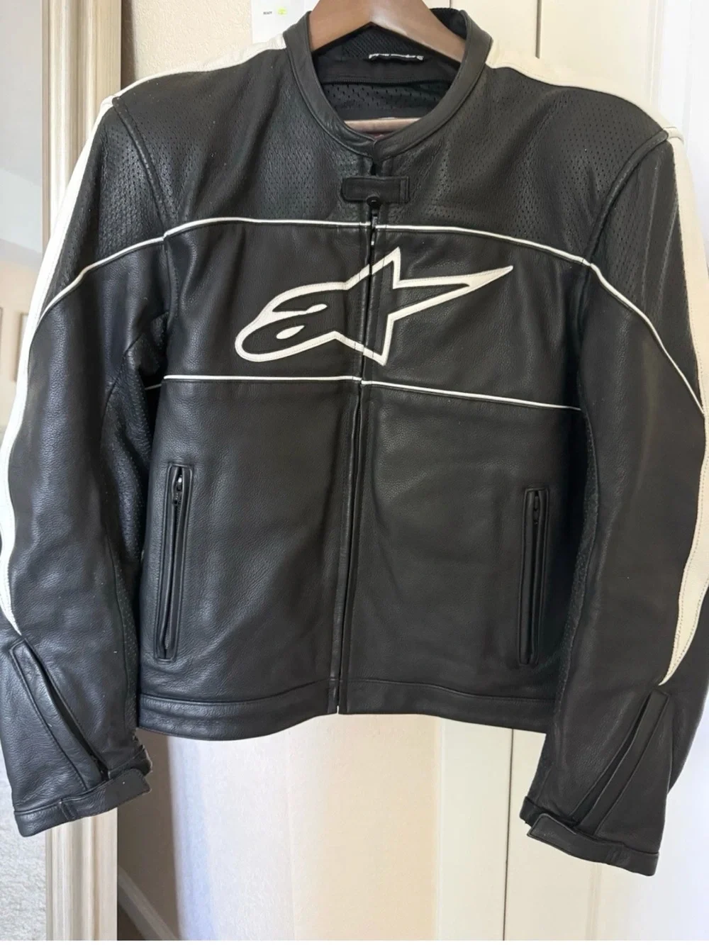 Alpinestars Black Leather Jacket with White Piping and Logo